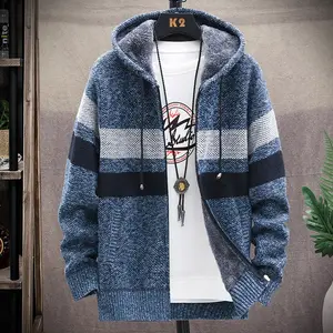 Autumn winter new fund men's recreational contracted knitting coat pure color loose add cashmere hooded cardigan