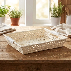 Plateau rectangulaire en feuilles de palmier naturelles tissées à la main avec poignées, plateau de service en osier écologique pour table basse, prix abordable - Product Image 1