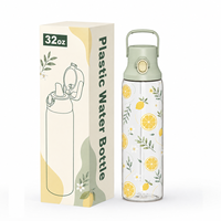 Bouteille d'eau portable en plastique sans BPA de 32 oz avec paille et couvercle pop-up, étanche, emballage en sac à bulles unisexe pour usage extérieur