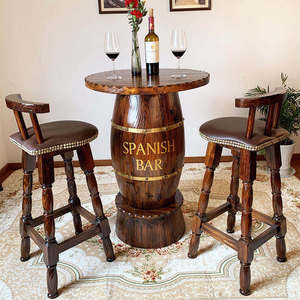 Custom Vintage Outdoor Backyard High Counter Wooden Beer Wine Barrel Bar <b>Table</b> and <b>Stools</b> Unit Sport Wooden Wine Barrel Bar - Product Image 1