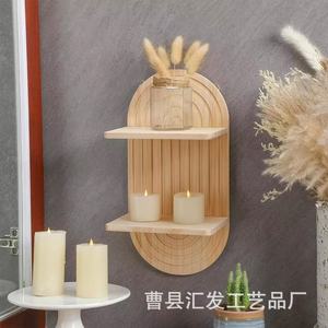 Wooden <b>Wall</b> <b>Mounted</b> <b>Shelf</b> Oval Shape Natural Wood Color 2 Tier For Living Room Decor - Product Image 2