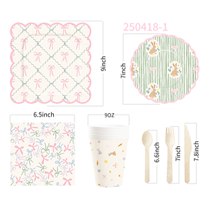 DAMAI Nuevo Juego de Vajilla Desechable Personalizado con Temática Rosa y Verde, Plato de Papel, Servilleta de Papel, Mantel con Lazo para Cumpleaños - Product Image 6