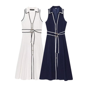 여름 우아한 네이비 폴카 도트 민소매 원피스 흰색 민소매 섹시 스트랩 관점 랩 힙 드레스 - Product Image 2