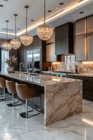 Îlot de cuisine moderne sur mesure avec sièges et comptoir en pierre cascade pour cuisine, salle à manger, maison, rénovation et décoration de maison moderne