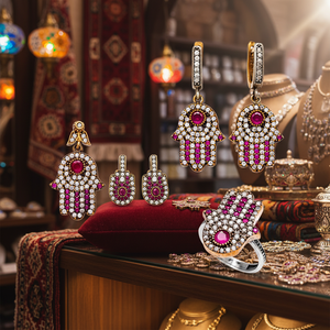 Juego de Hamsa de diseño auténtico de piedra de Rubí, conjunto de plata turco artesanal, diseños de joyería tradicional, venta al por mayor - Product Image 2