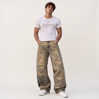 Jean large déchiré pour homme, teinture sable sale, imprimé, respirant, avec boutons en dentelle, découpes multiples, déchirures en échelle, fil OEM