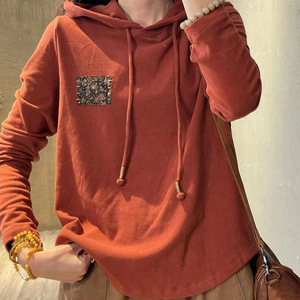 Women Hooded Long Sleeve Top Coffee Color Thermal Plus Size Autumn Winter Casual Wear - Product Image 4