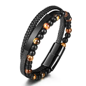 Tiger Eye Natural Stone Bead Bracelet, Leather Rope Woven jewelry, Multi layered Men's Cowhide Black Bracelet