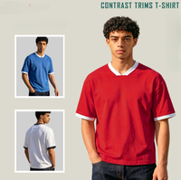 Camiseta de Manga Corta para Hombre, Cuello en V, Estilo Urbano, Tejido de Punto Sólido 100% Algodón de Alta Calidad, con Ribete en Contraste, Peso Pesado, Personalizable, de Fábrica