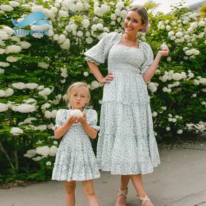 2023 Wholesale high quality custom Cake Dress Family Matching Clothes Mommy And Me Kids Women Floral Puff Sleeve Dress