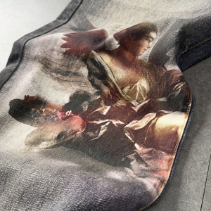 Vaqueros de mezclilla de pierna ancha con estampado de pintura al óleo de ángel querubín renacentista, estilo vintage, lavado, desgastado y rasgado, para streetwear. - Product Image 4