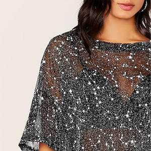 OEM personnalisé femmes paillettes pure sexe T-shirts coupe ample brillant argent Sequin voir à travers les manches courtes <span class=keywords><strong>haut</strong></span> en maille t-shirt - Product Image 5