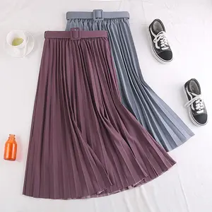 Spring Solid Color Women Elastic Waist Black Skirt Wholesale Breathable Office Ladies Chiffon A Line Pleated Skirts With Belt