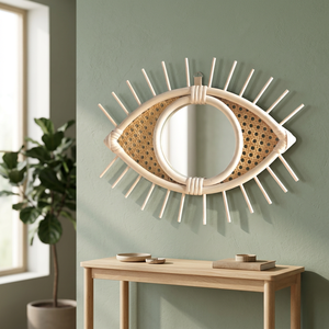 Nouveau design haut de gamme : Miroir mural en bambou et rotin, petit miroir en forme d'œil, en osier naturel sûr, pour la décoration intérieure, style bohème de luxe - Product Image 4