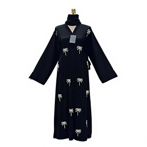 Abaya noire brodée de palmiers, style turc, légère et respirante, pour femme, longueur cheville, manches longues, robe modeste, printemps - Product Image 1
