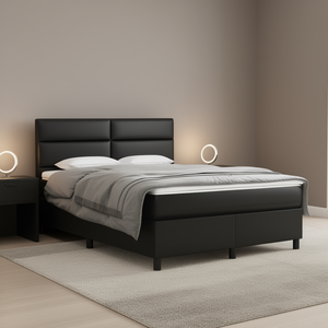 Cadre de lit double en contreplaqué recouvert de simili cuir noir, design moderne, lit moelleux, meubles de chambre à coucher - Product Image 2