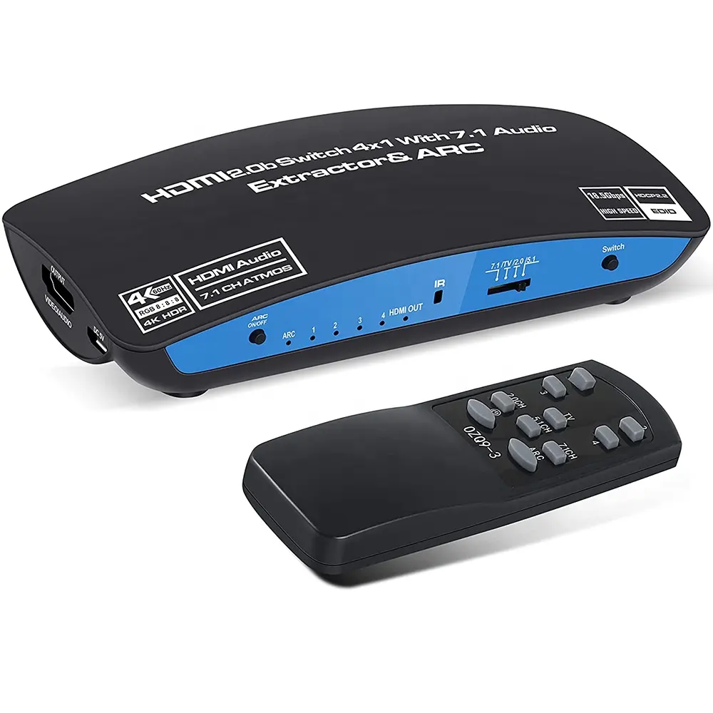 OZQ9-1 4K @ 60 هرتز HDMI التبديل 4x1 مع 7.1 مستخرج الصوت 4 ميناء HDMI2.0b التبديل مربع مع HDMI Atmos 7.1CH/البصرية 5.1CH/3.5 مللي متر