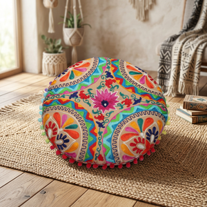 Coussin de méditation rond brodé à la main, best-seller, uni, avec pompons, 100% coton - Product Image 3