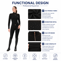 Haut d'équitation noir pour femme à manches longues, demi-zip, strass or rose, en polyester écologique, respirant et anti-humidité