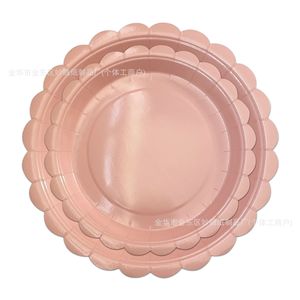 Pink Solid Color Round <b>Disposable</b> Paper <b>Plates</b> For Party Family Dinner Tableware Small Lace Design - Product Image 4