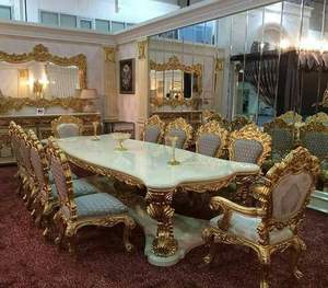 Juego de Comedor Redondo de Madera de Teca Dorada de Lujo, Estilo Antiguo, con Sillas, Muebles de Comedor Premium para 10 Personas - Product Image 1