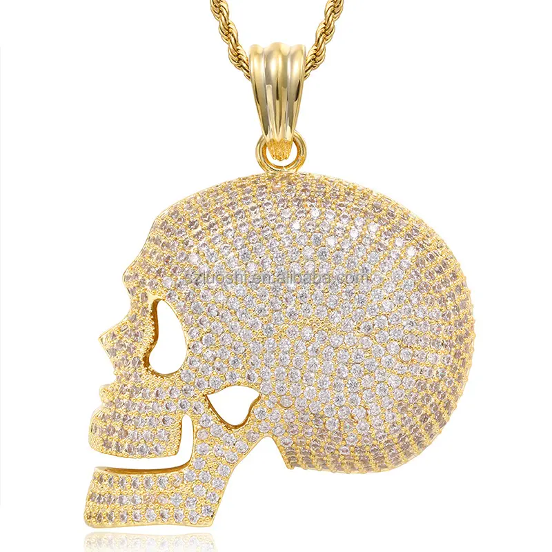 2024 Miami Hip Hop Jewelry Hot Sale Pave Iced Out Bling Cubic Zirconia Pendant Gold Plated Skull Design Cuban Rope Necklace For Men