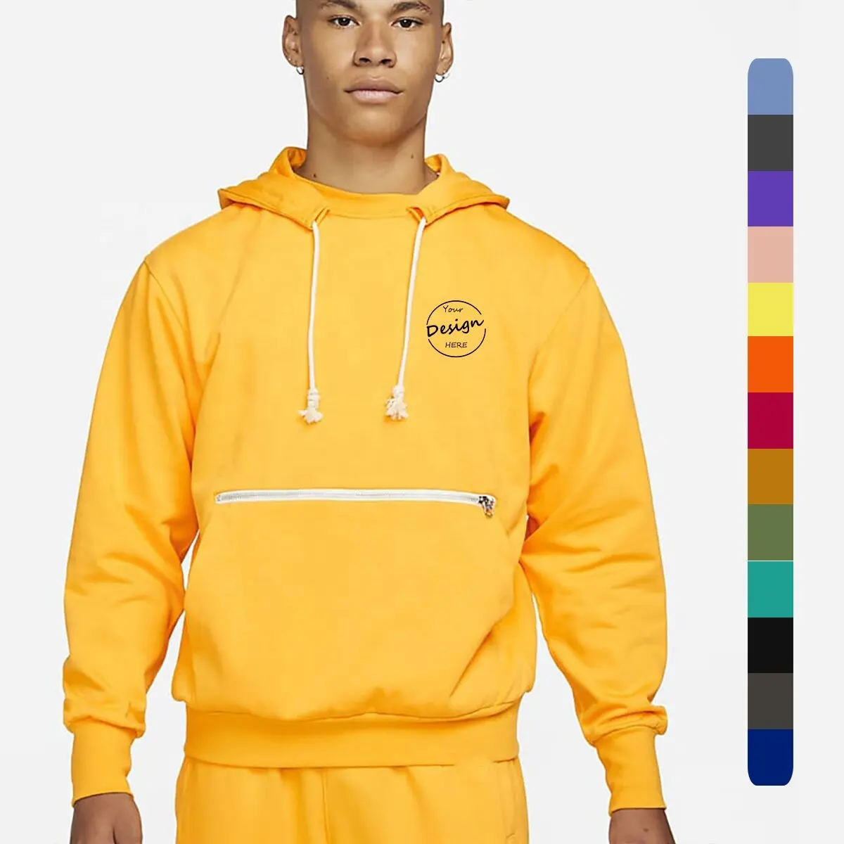 Luxury Wholesale French Terry Yellow Hoodie Men Running Pullover Silk Screen Printing High Quality Custom Hooded Sweatshirt