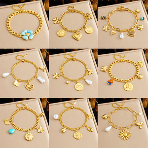 Fashion Charm Bracelet Gold Tone Multi Element Pendant Chain Unisex Jewelry - Product Image 1