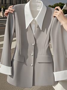 Blazer Gris 2 en 1 con Cuello Camisero, Estilo Casual Elegante para Mujer, Cinturón No Incluido - Product Image 2