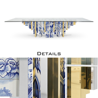 Table à manger en carreaux d'azulejo au design héritage portugais avec laiton et miroir biseauté pour restaurant et dîner à domicile