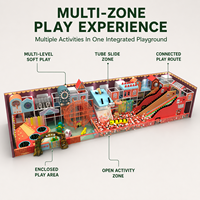 Aire de jeux intérieure commerciale pour enfants, ludique et colorée, avec piscine à balles, toboggan, structure d'escalade en filet et trampoline