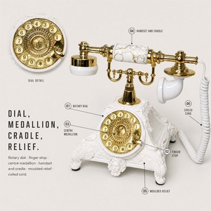 Téléphone rotatif vintage antique avec cadran, base ornementée blanc-or, téléphone filaire avec cordon enroulé - Product Image 3