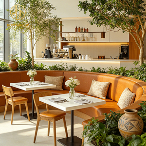 Banquette en cuir courbée orange de style nordique <span class=keywords><strong>moderne</strong></span>, table carrée en pierre frittée avec chaise en bois, mobilier de café et de restaurant - Product Image 1