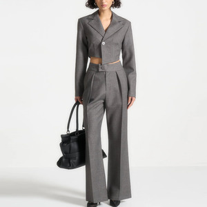 Women's Gray Wool Blend Two-Piece Suit <b>Set</b> With Notched Lapel Cropped <b>Blazer</b> And Wide Leg Pants Formal Wear Full Length - Product Image 1