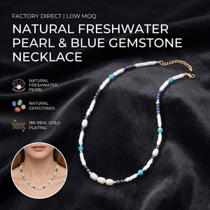 <span class=keywords><strong>Collana</strong></span> da donna impermeabile in acciaio inossidabile placcato PVD oro 18K con <span class=keywords><strong>perle</strong></span> naturali d'acqua dolce e gemme blu Heishi - Product Image 2
