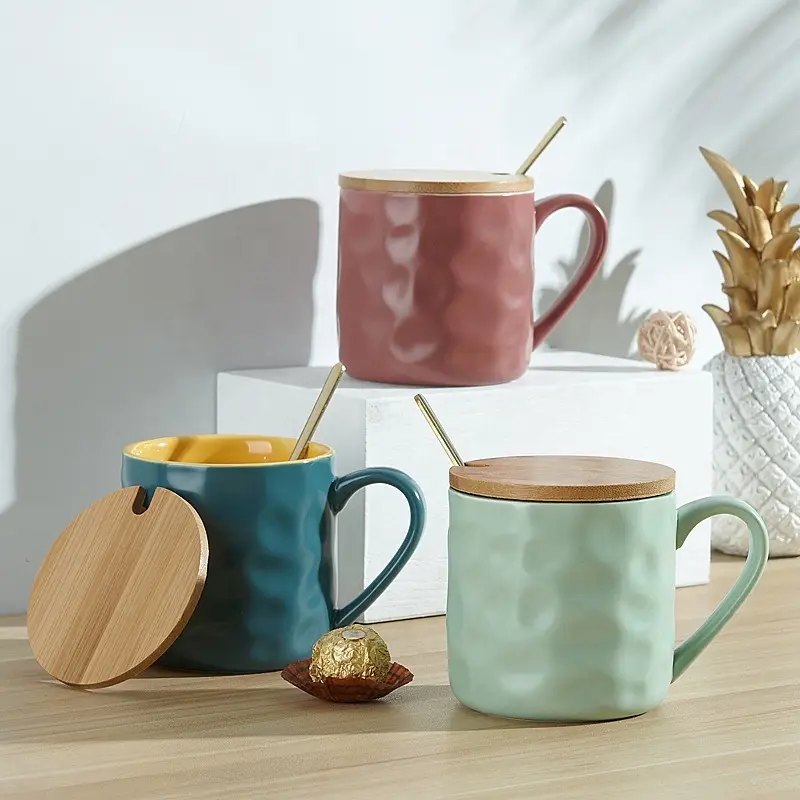 Nordic Solid Color Unique High Quality Gift Set Big Porcelain Cup Tazas Caneca Glaze Ceramic Mug With Lid Spoon