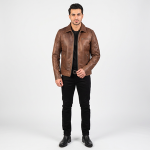 Customizable Men's Brown <b>Sheepskin</b> Leather Varsity <b>Jacket</b> High Quality Genuine Leather Zipper Breathable Canvas Linen Lining - Product Image 1
