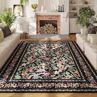 Tapis floral vintage noir à poils ras, résistant aux taches, lavable, antidérapant, pour salon, ferme, salle de jeux pour enfants, décoration