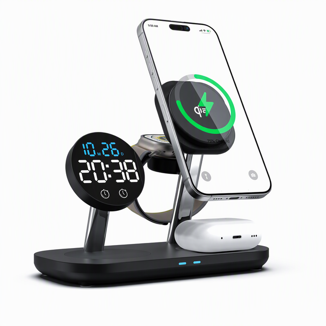 3 in 1 for Magnetic Wireless Charger Dock with Clock and Earphone Support 15W Output