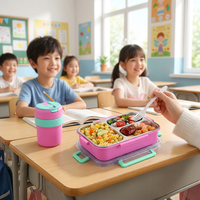 Boîte à bento en acier inoxydable 304 pour enfants, anti-fuite, avec 3 compartiments et couvercle transparent à motif de dessin animé, boîte à lunch scolaire