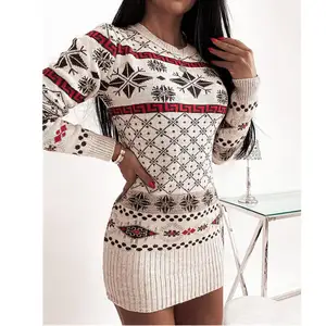 Musim Gugur Musim Dingin Desain Baru Sweater Wanita Amazon Eropa Amerika Serikat Natal Lengan Panjang Gaun Kait