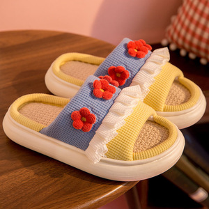 Cute Luxury Flower Linen Soft Eva Sole Indoor Plush Custom Slides <b>Slippers</b> High Quality Girls Ladies <b>Slippers</b> - Product Image 3