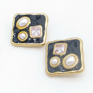 Pendientes de Perlas de Esmalte Azul de Moda, Marco Cuadrado Irregular Dorado, Cristal, Accesorios Diarios de Oficina para Mujer - Product Image 1