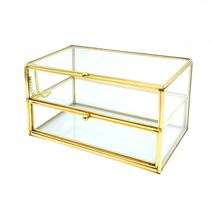 Rectangle Crystal brass and glass make up storage display organizer box slide Double layer jewelry box