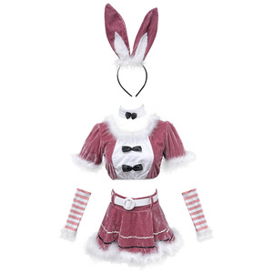 Christmas Bunny Costume Velvet Set Red Rose Color Cosplay Outfit For Anime Role Play Stage Performance - Product Image 5