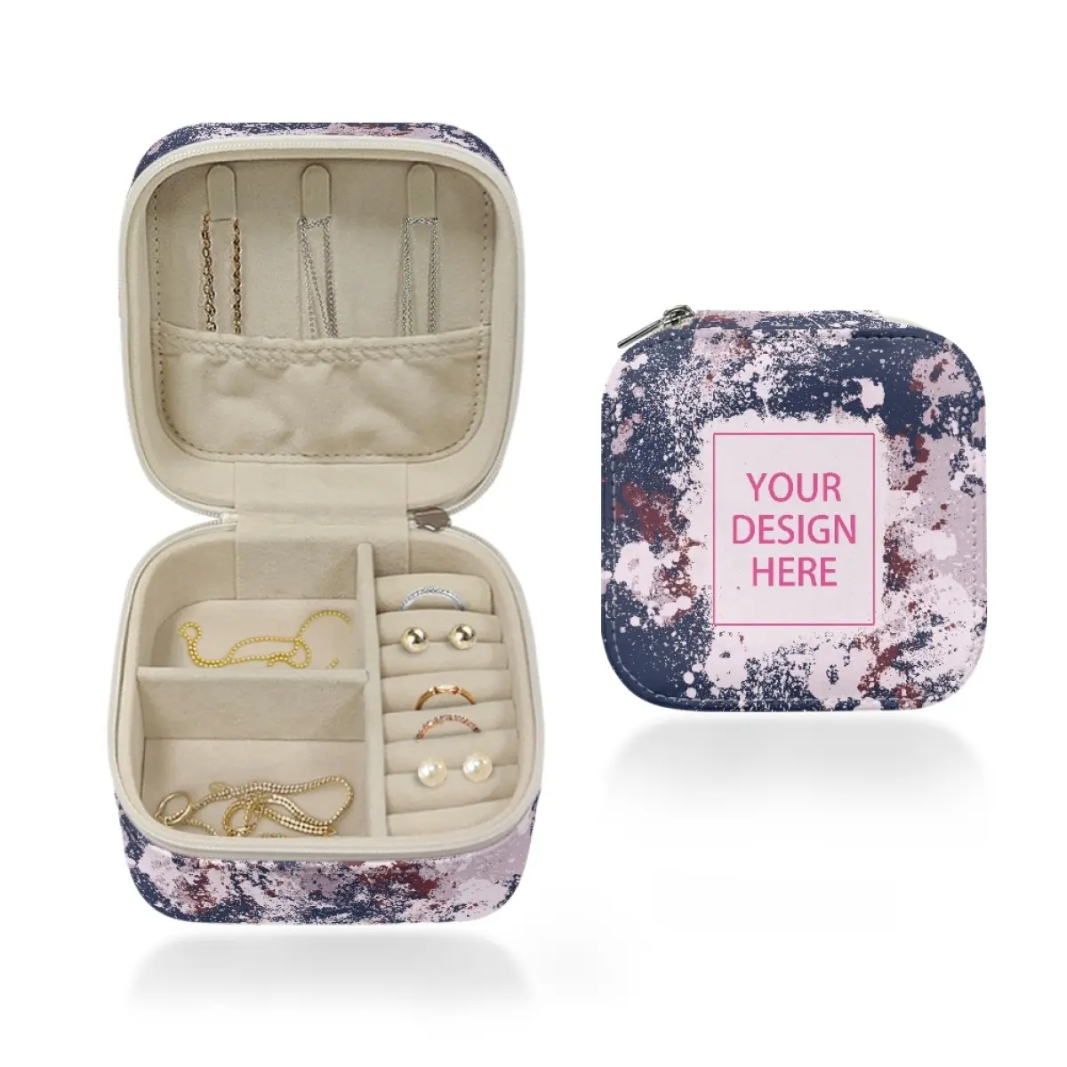 2023 New Trendy Small Jewelry Box Print On Demand Custom Storage Organizer Pu Leather Zipper Travel Carrying Case For Girl Women