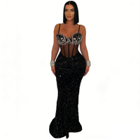 Robe de soirée sirène à sequins, élégante, ajustée, avec bretelles, strass et dentelle transparente, idéale pour les anniversaires et les bals de promo