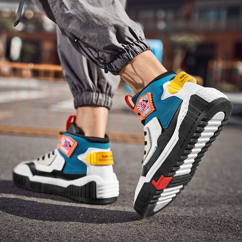 Men's Leather Platform Casual Sneakers Elastic Lace Up Comfortable