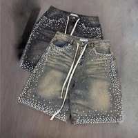 Personnalisé 2025 Vente Chaude Vintage Lavage Perle Jorts Hommes Jeans Shorts Strass Denim Shorts Streetwear