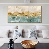 Peintures sur toile abstraites murales bleues et jaunes, grandes œuvres d'art encadrées modernes pour projets hôteliers, peintures de chambre à coucher, décoration d'hôtel OEM